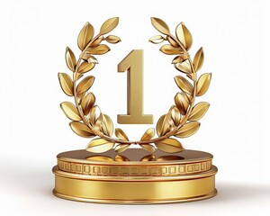 Top 1 best podium award sign, golden object. 3d render realistic cartoon illustration. Isolated on white background. Recognition and success concept.	