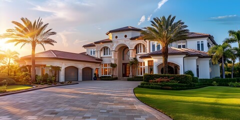 Fototapeta premium Luxurious Florida mansion with steel studs tilework and dreamy car garage. Concept Luxury Homes, Florida Mansions, Steel Studs, Tilework, Dreamy Car Garage