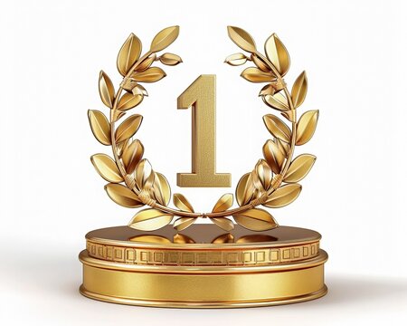 Top 1 best podium award sign, golden object. 3d render realistic cartoon illustration. Isolated on white background. Recognition and success concept.	