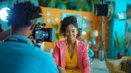 Young Black Female Host In Vibrant Pink Blazer Recording In Colorful Studio