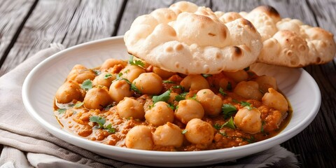 Fototapeta premium Tasty pairing Bhatura or Puri with Spicy Chana Masala. Concept Indian Cuisine, Street Food, Chana Masala Recipe, Bread Pairings, Food Combinations