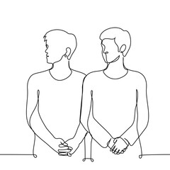 young men stand side by side and both look to the side, - one line art vector. concept guilty students
