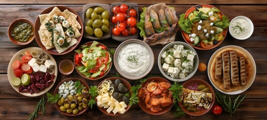 Fototapeta premium 3. Against a natural wood background, a top view showcases a delightful assortment of traditional Greek food staples: fresh salads, mezze platters, savory pies, grilled fish, tzatziki sauce, and