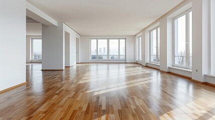 Fototapeta premium Empty Modern Apartment Living Room With Hardwood Floor And Large Windows Looking Out To City Skyline