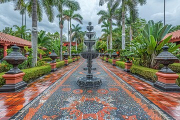 Naklejka premium Ornate garden with fountain and palm trees serene and inviting outdoor scene detailed texture photogenic and vibrant photography