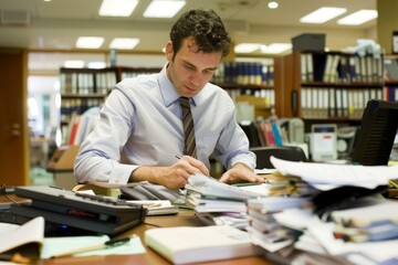 Fototapeta premium Focused professional sorting through documents at a cluttered office desk
