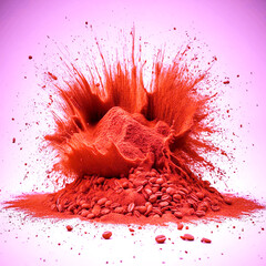 Explosion splash of ground coffee or cocoa powder with freeze isolated on background, pile of splatter of coffee grind dust powder, brown shattered beans.
