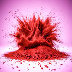 Explosion splash of ground coffee or cocoa powder with freeze isolated on background, pile of splatter of coffee grind dust powder, brown shattered beans.

