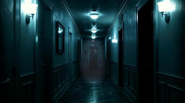 Dark haunted hallway with ghostly presence, horror video background