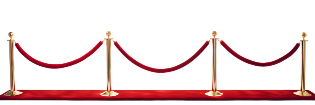 Red carpet and golden barriers front view isolated on transparent background