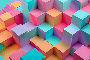 Obraz premium Colorful abstract geometric pattern with 3D cubes in vibrant pastel shades, creating a visually dynamic and modern background.
