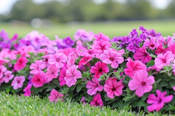 Obraz premium Lush pink flowers in a garden bed vibrant and cheerful nature scene detailed texture photogenic and inviting photography