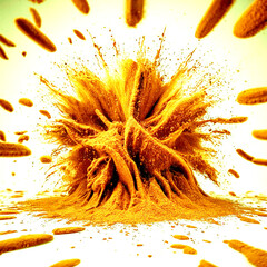 Explosion splash of ground coffee or cocoa powder with freeze isolated on background, pile of splatter of coffee grind dust powder, brown shattered beans.
