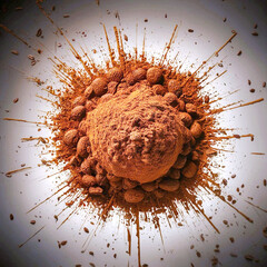 Explosion splash of ground coffee or cocoa powder with freeze isolated on background, pile of splatter of coffee grind dust powder, brown shattered beans.
