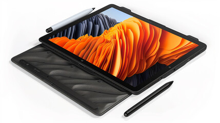 A sleek tablet with a durable case, accompanied by a stylus and a protective screen cover, perfect for digital learning.