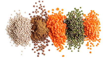 Flat lay the assortment of peas, lentils, and legumes isolated on a transparent background