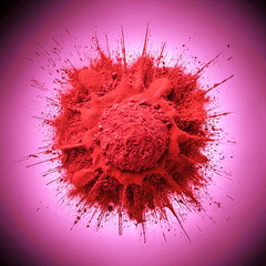 Explosion splash of ground coffee or cocoa powder with freeze isolated on background, pile of splatter of coffee grind dust powder, brown shattered beans.
