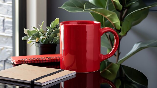 Large red mug on minimalist black table, business notepad and Ficus plant.