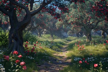 Enchanted forest with vibrant flowers and winding path serene and inviting nature scene detailed texture photogenic and magical photography