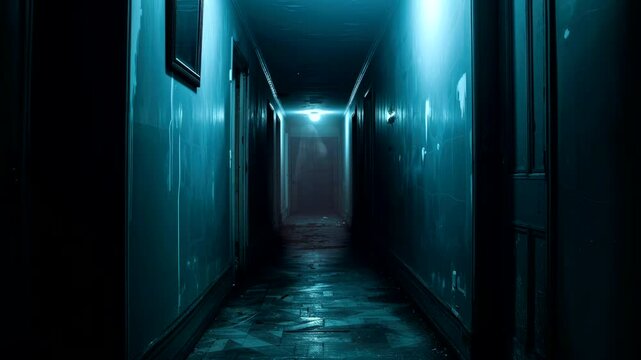 Abandoned decaying hallway with flickering lights, horror video background