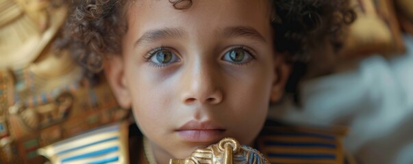 Naklejka premium Close-up of a young Egyptian boy with a pharaoh toy