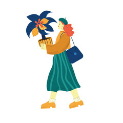 Woman Walking With Potted Lemon Tree