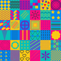 Obraz premium Vibrant Geometric Pattern. Abstract background with geometric shapes arranged. Modern abstract concept for print, banner, fabric, card, wrapping paper, cover. 