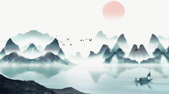 Digital art ancient Peaceful Fantasy Nature landscape Painting Traditional Ink Chinese style artistic conception flying birds fishing boat background