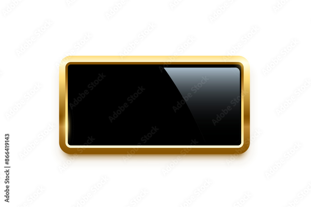 Poster black rectangle button with golden frame vector illustration. 3d glossy elegant design for empty lab