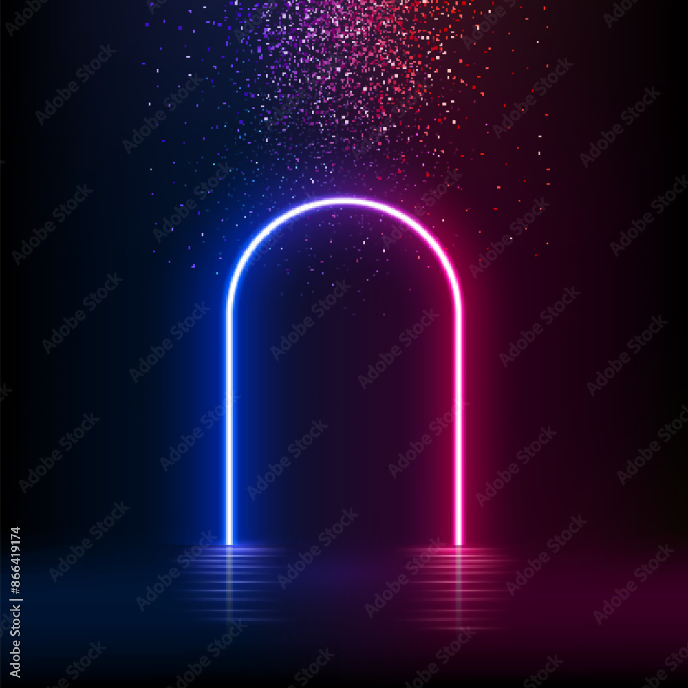 Wall mural Pink blue neon light arch. Glow door in futuristic style with falling glitter effect. Abstract fairy arc with reflection in water under rain of luxury confetti vector illustration