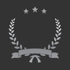 Realistic silver laurel wreath with ribbon and stars. Premium insignia, traditional victory symbol on black backdrop. Triumph, win poster, banner layout , shiny frame, border