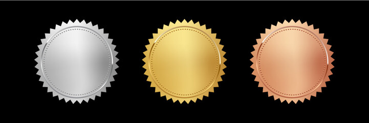 Gold, silver and bronze medals set vector illustration. 3d realistic award seals isolated on black background. Golden design element for labels, certificates, badges, winners