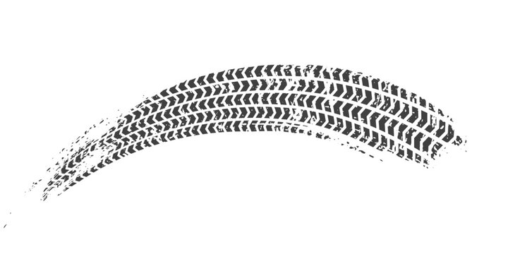 Tire track. Car, bike, motorcycle tyre mark with grunge effect isolated on white background. Wheel footprint on the road. Top view of rubber protector mark