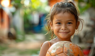 Fototapeta premium Child with a soccer ball, looking playful