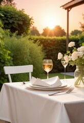 Fototapeta premium A romantic dinner in the garden, sunset moment 