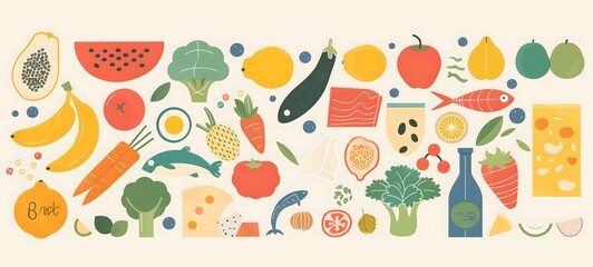 2. An informative infographic illustrating the components of a healthy diet, featuring colorful icons of fruits, vegetables, nuts, seeds, fish, and dairy products. This educational diagram on a 20:9