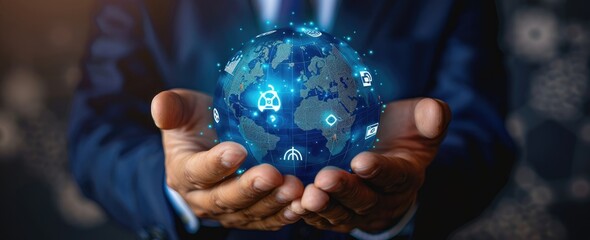 Fototapeta premium Man Holding Holographic Earth with Technology Icons