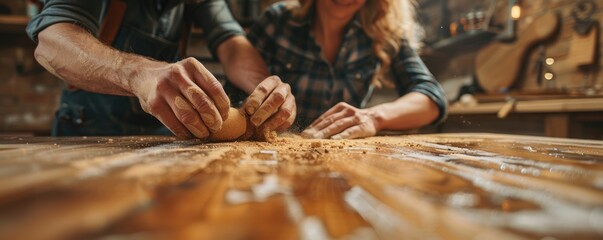 DIY Couple Perfecting Woodwork: Close-up of Hands Sanding Cupboard, Detailing Wood Grain Texture with Tools, Generative Ai