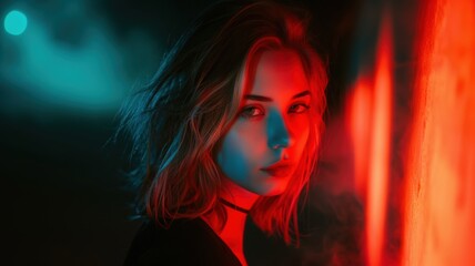 Young Woman with Red and Blue Neon Lights Looking Away from the Camera in a Dark Room