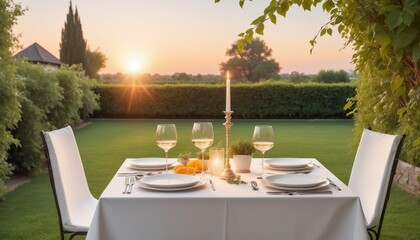 Fototapeta premium A romantic dinner in the garden, sunset moment 