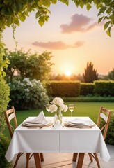 A romantic dinner in the garden, sunset moment
