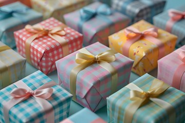 Colorful wrapped gift boxes with bows in a grid arrangement, perfect for celebrations, holidays, and special occasions.