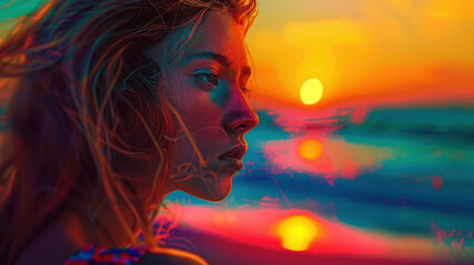 Woman at the beach, neon style, electric colors, digital painting, glowing in the setting sun.