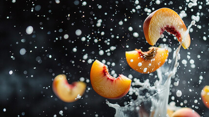 Falling peach slices and milk splashes on dark background