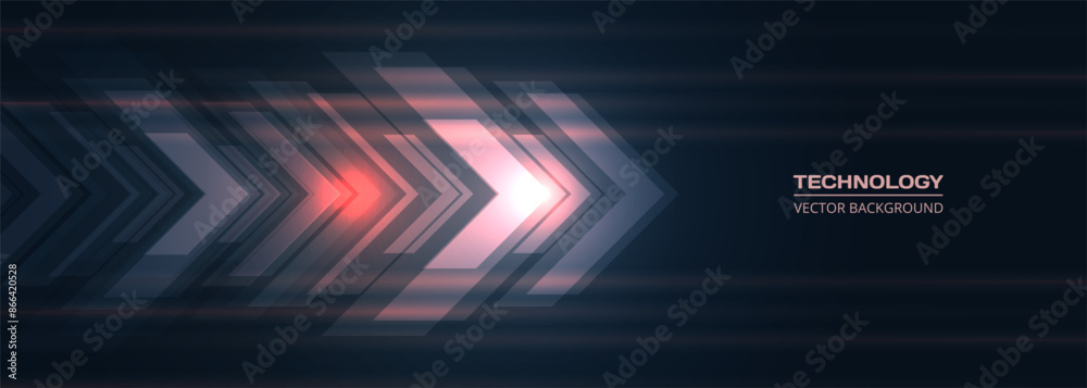 Poster Light technology arrows on dark background. Vector abstract futuristic digital technology concept banner.