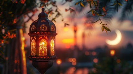 Fototapeta premium Magical Evening Lantern with Crescent Moon and Sunset Glow
