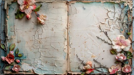 Open vintage book with blank pages decorated with pink flowers. Concept of creativity, writing, poetry, and literature.