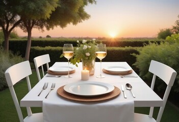 Fototapeta premium A romantic dinner in the garden, sunset moment 