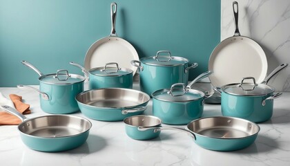 steel cookware and pan on white background, copy space for text, ad shot.

