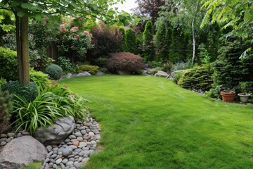 Naklejka premium Green garden pathway surrounded by dense foliage and various plants creating a lush and tranquil outdoor scene